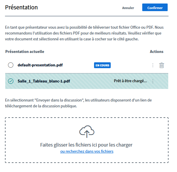 Interface de partage de fichier de BigBlueButton, un fichier est prêt à être partagé
