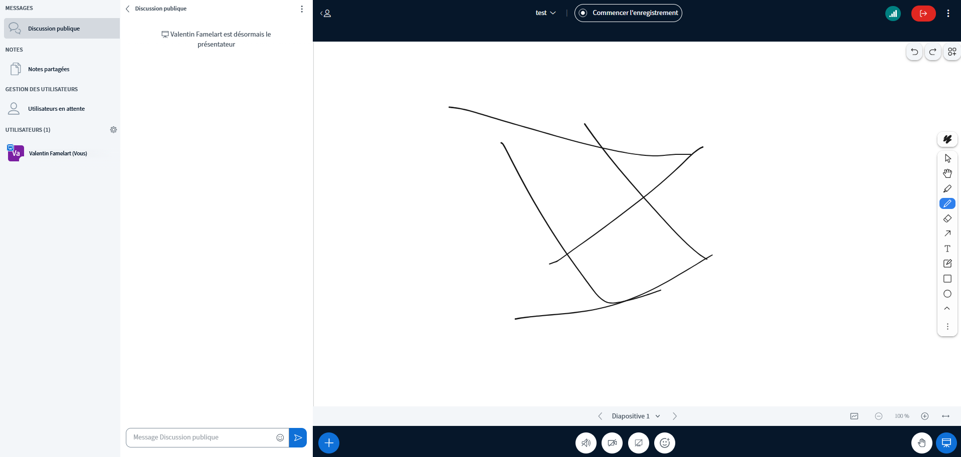 Interface principale de BigBlueButton avec un fichier de présentation partagé aux participants