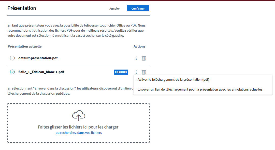 Menu de gestion des supports de présentation de BigBlueButton, les options de partage sont ouvertes