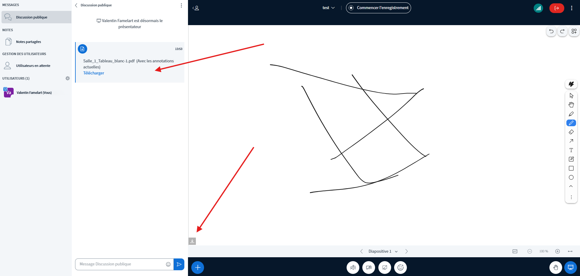 Capture d'écran de l'interface BigBlueButton, la présentation est téléchargeable et le lien est également disponible dans la discussion privée